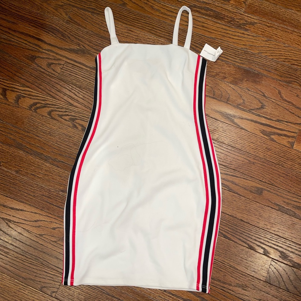 NWT ivory dress with navy blue and red stripes on side